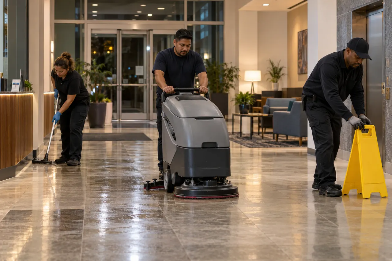 Three-person commercial floor cleaning crew maintaining an office lobby at night