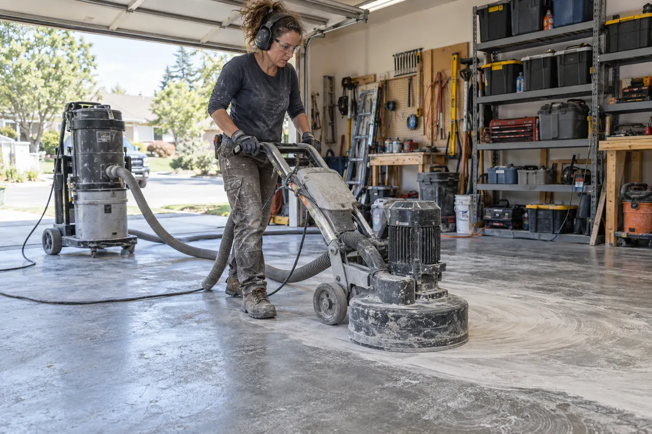 Female concrete floor technician operating a grinder with dust extraction in a working garage