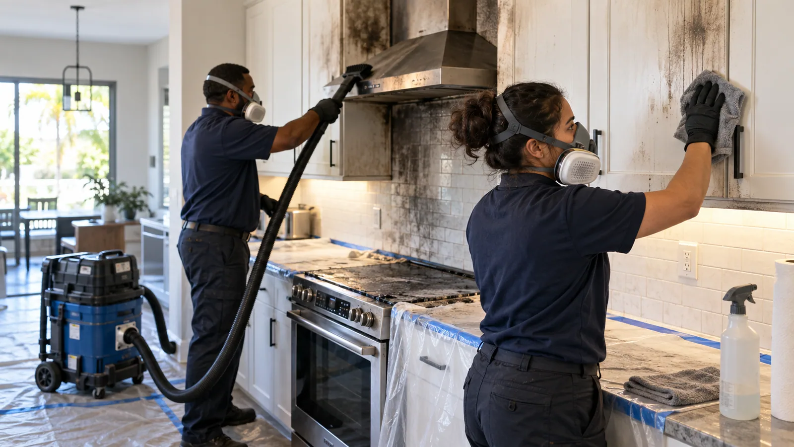 Two professional technicians cleaning soot residue from cabinets after a contained South Florida kitchen fire