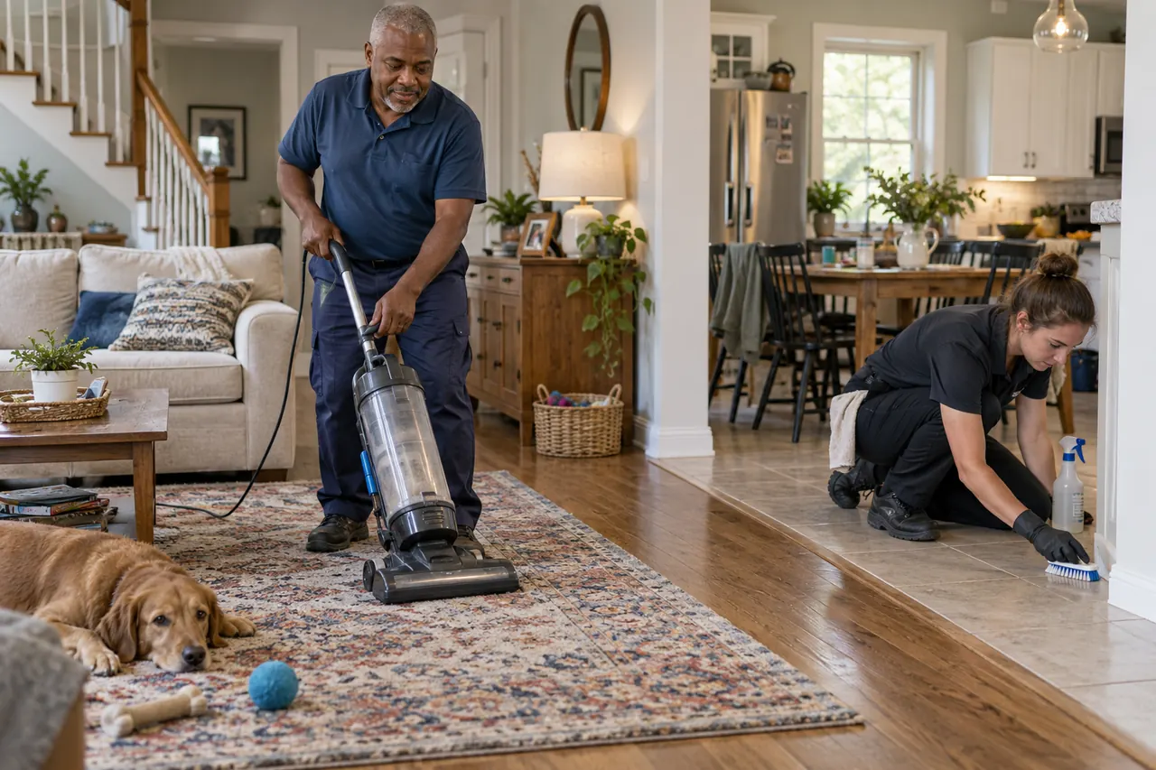 Two-person residential cleaning crew caring for an area rug and tile floor in a lived-in home