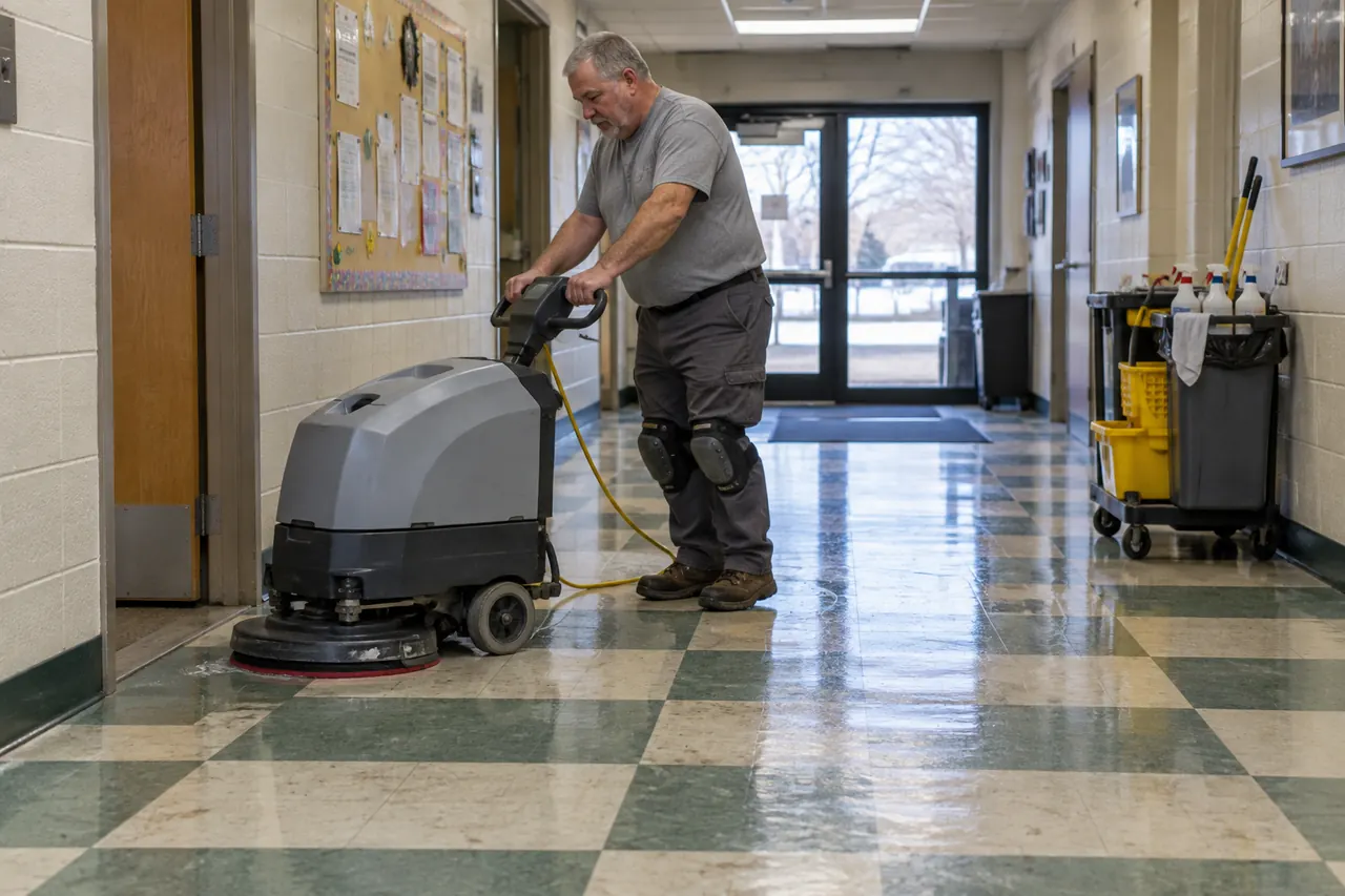 Experienced technician operating an auto-scrubber on a VCT hallway floor