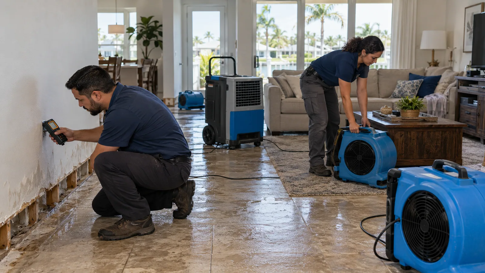 South Florida water damage restoration technicians using professional drying equipment