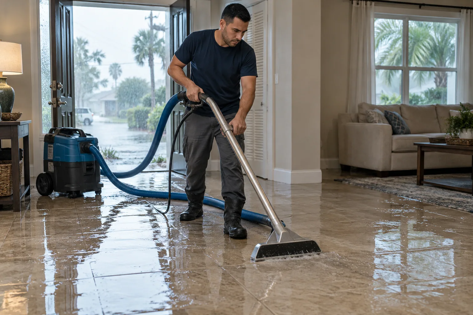 Professional technician extracting shallow rainwater from tile flooring in a South Florida home