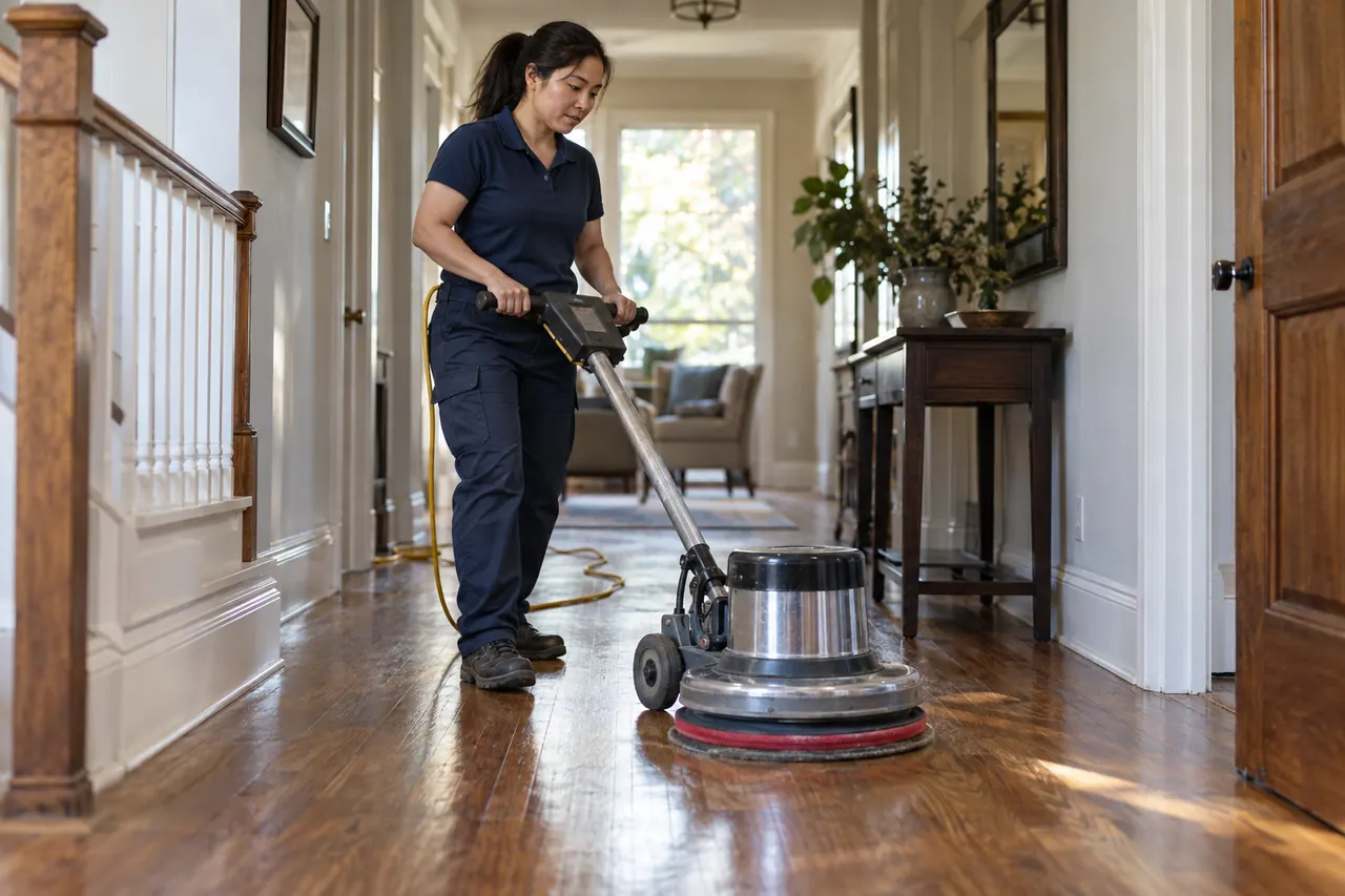 Female floor care technician cleaning a finished hardwood hallway with a low-speed machine