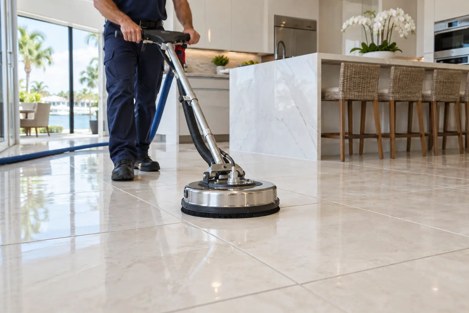 Technician using professional floor cleaning equipment